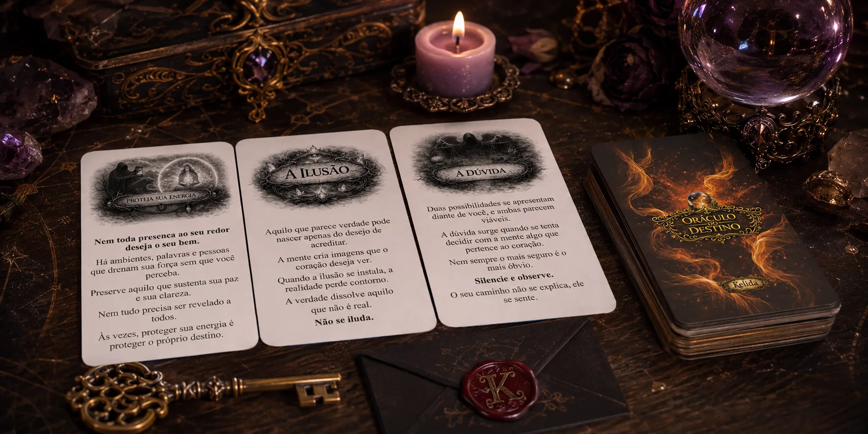 Cartas do Oráculo do Destino dispostas sobre a mesa ritualística