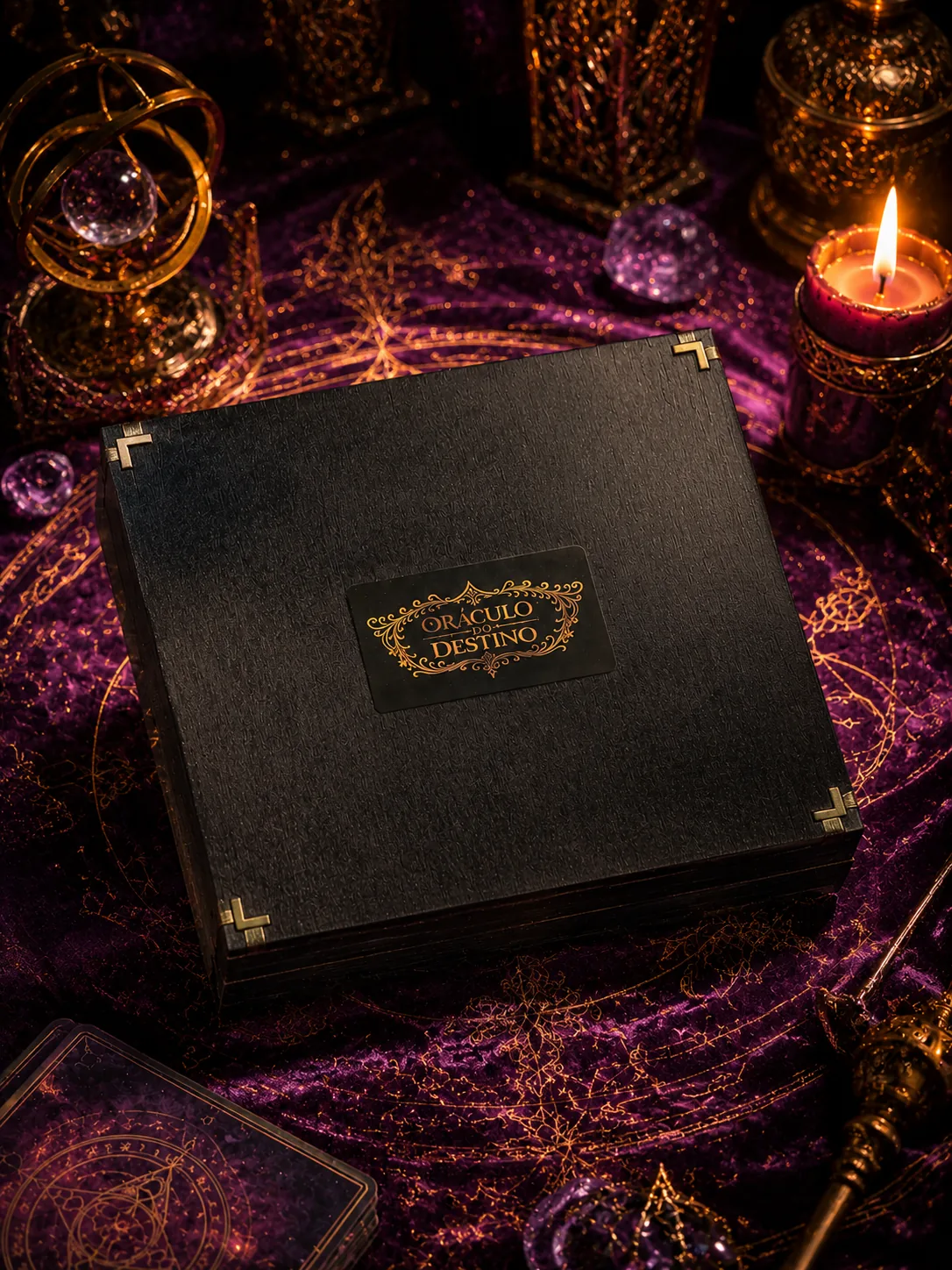 Caixa do Oráculo do Destino sobre superfície ritualística com velas, cristal e ervas